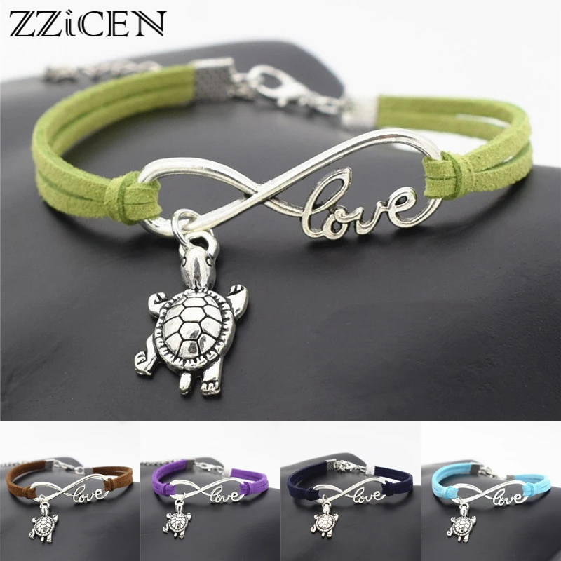 

Summer Chic 2018 Beach Lovely Animal Jewelry Small Tortoise Cute Silver Sea Turtle Charms Love Infinity Leather Unique Bracelets