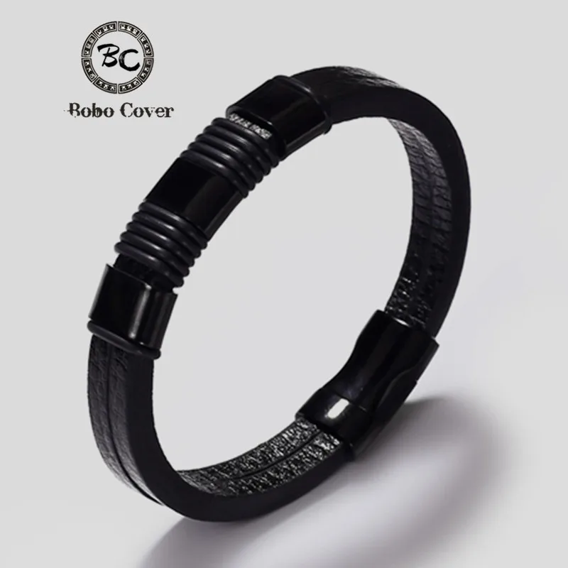 

Fashion Black Leather Bracelet Stainless Steel Wrap Charm Bracelets & Bangles Men Women Punk Jewelry homme Pulseras Dropshipping