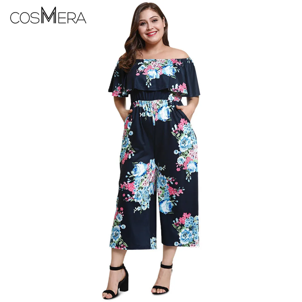 

CosMera Vintage Off The Shoulder Flounce Floral Print Pocket Plus Size Women Jumpsuit Casual Short Sleeve Summer Ladies Rompers