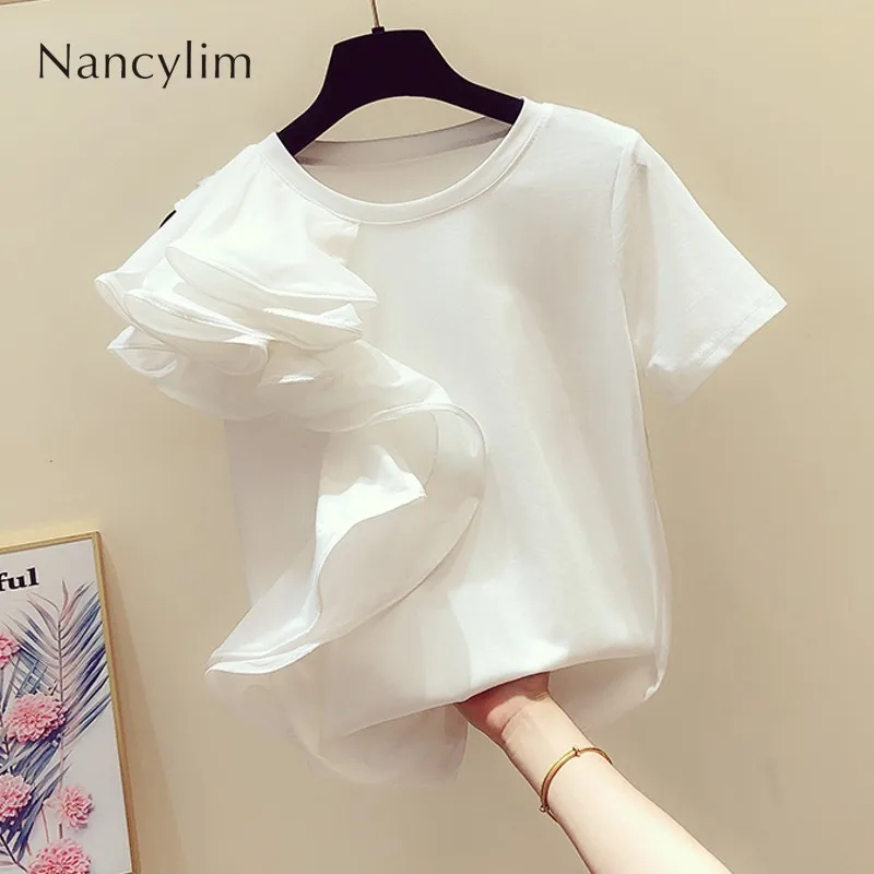 

Summer Ruffles Shirt Girl Lady White T-shirt New Fashion Lotus Edge Stitched T-shirt with Round Neck Short Sleeve Nancylim Tops