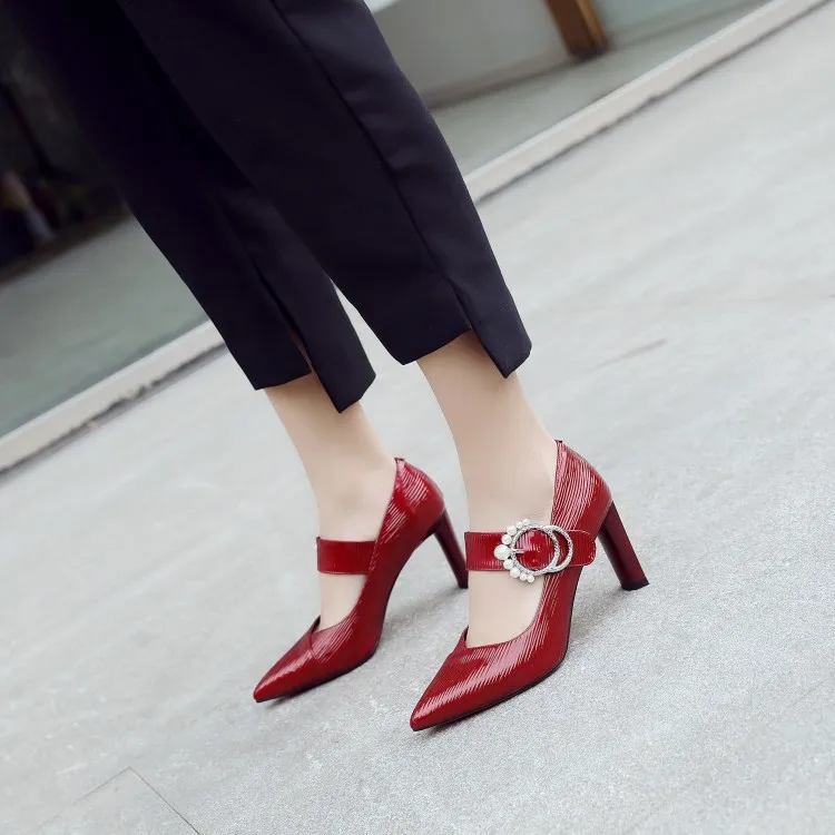 

MLJUESE 2019 women pumps autumn spring cow leather String bead Mary Janes pointed toe high heels lady shoes party wedding