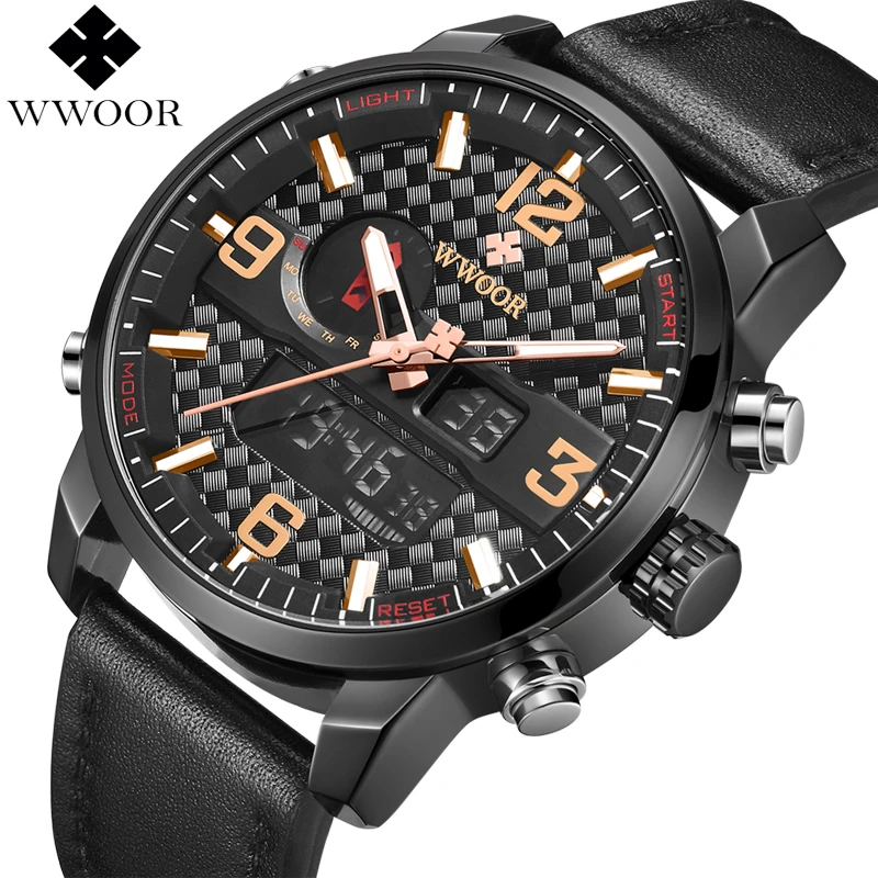 

WWOOR Mens Sports Watches Quartz Analog LED Digital Watch Top Brand Luxury Fashion Casual Leather Military Wrist Watch for Men