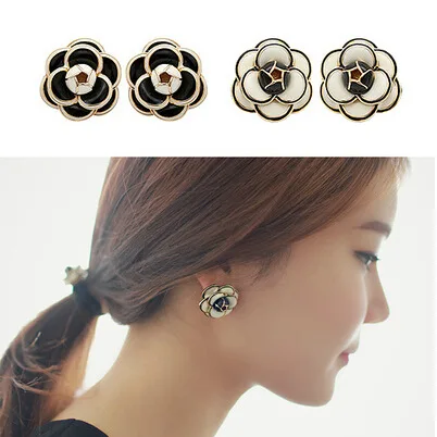 

Beige Black Small camellia Flower Stud Earrings for Women c Earrings statement designer earrings restro boho earrings Vintage
