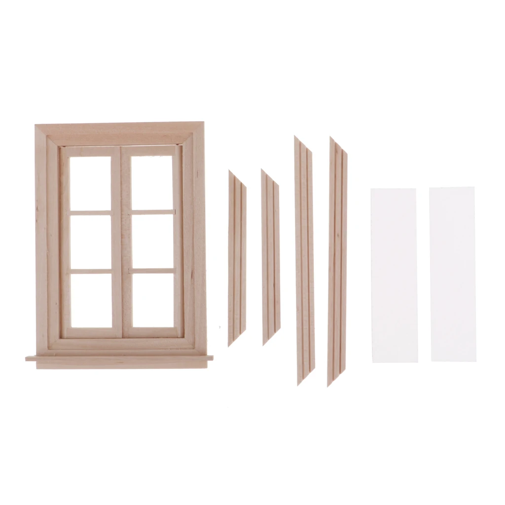Unpainted Mini Wood 6 Pane Window & Frame & Glass Sheet for 1/12 Dollhouse Furniture Any Room Items Accessory