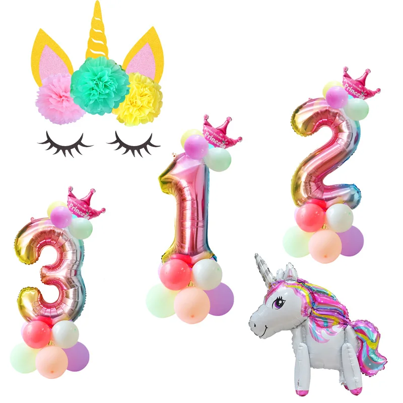 

Unicorn Birthday Party Gradient Foil Balloons Decor Girl Kids Unicorn Party Rainbow Number Crown Digital Helium Balloons Supply