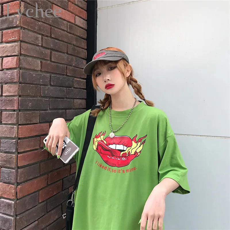 Женская футболка с надписью Lychee Harajuku летняя зеленая коротким рукавом и круглым