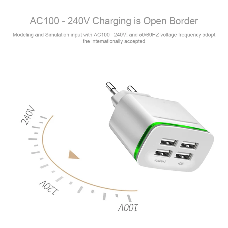 Универсальный 4-Порты и разъёмы USB Зарядное устройство 5V 4A/2A 4 Порты usb Смарт настенный Зарядное устройство для путешествий Зарядное устройство светодиодный светильник со штепсельной вилкой европейского стандарта для iPhone samsung LG