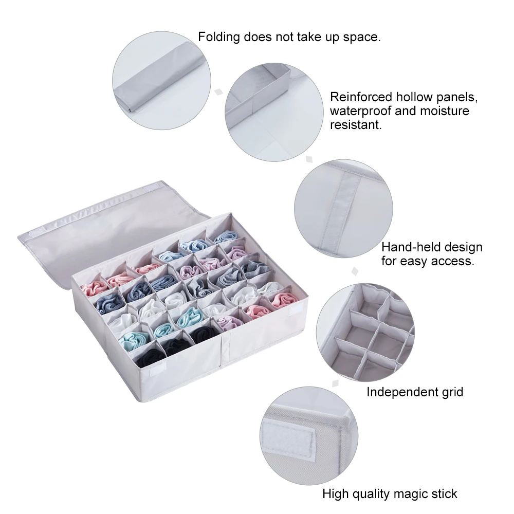 

Sock Storage Box Organizer Flodable Oxford Cloth Underwear Socks Drawer Organizer with 30 Cells Storage Boxes Cases