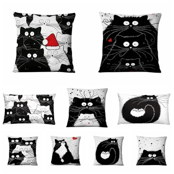 

Ins Black And White Cat Printed Pillowcase Christmas Cartoon Meow Cushion Decorative Pillow Home Decor Sofa Throw Pillows 45*45