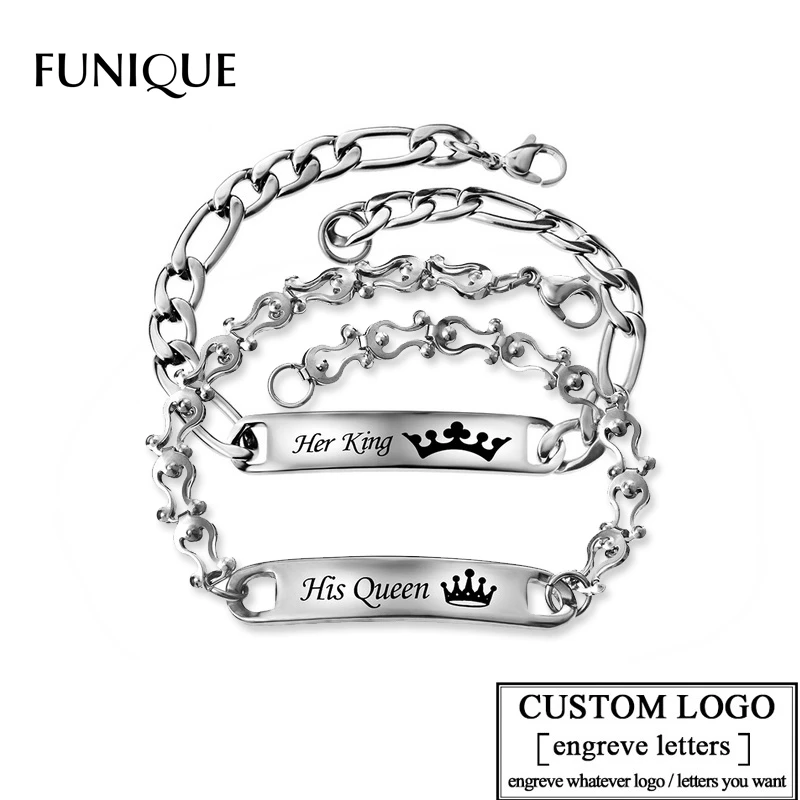 

Her King & His Queen Free Engrave Bracelet Customize Stainless Steel Bracelets Charm ID Bracelets Jewelry For Couples Women Men