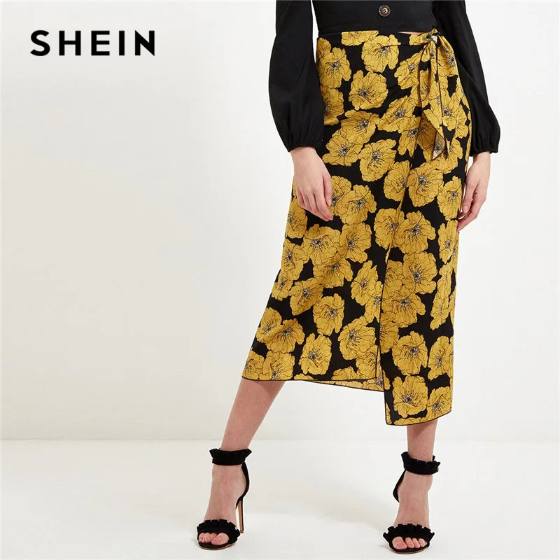 

SHEIN Boho Knot Waist Contrast Stitch Trim Floral Print Wrap Midi Skirt Summer Casual Multicolor Asymmetrical Hem Women Skirt