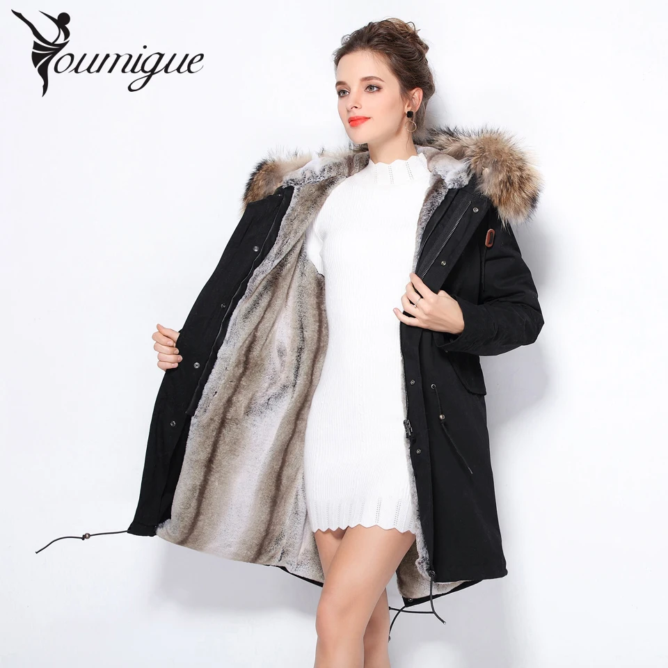 YOUMIGUE New Real Large Raccoon Fur Winter Coat Women Jacket Coats Collar Thicken Warm Padded Cotton