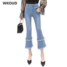 WKOUD кисточкой лоскутные джинсы для Новинки для женщин синей эластичной винтажные женские джинсы Повседневное Весна загрузки вырезать женские джинсы бойфренды P8865