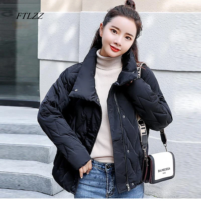 FTLZZ Winter Cotton Jacket Women Casual Bread Short Design Snow Parka