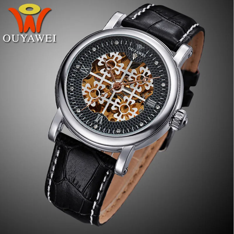 Mechanical Watch Men OUYAWEI Skeleton Luxury Gold For Women Leather Band Wristwatchesical Relogio Feminino Dourado | Наручные часы
