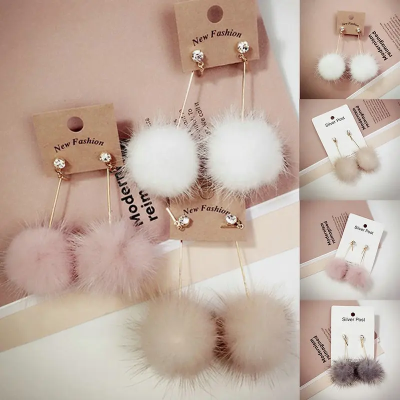 

Fashion Cute Sweet Women Girl Rhinestone Crystal Earrings Winter Long Fur Drop Ball Earrings Gift Jewelry