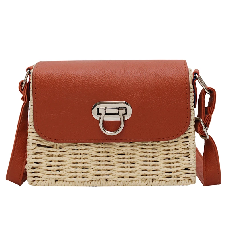 

Women's woven Casual Square Flap Boston handbags Handmade Straw Bag+PU Leather girls Vintage Weaving shoulder bag Crossbody Bags