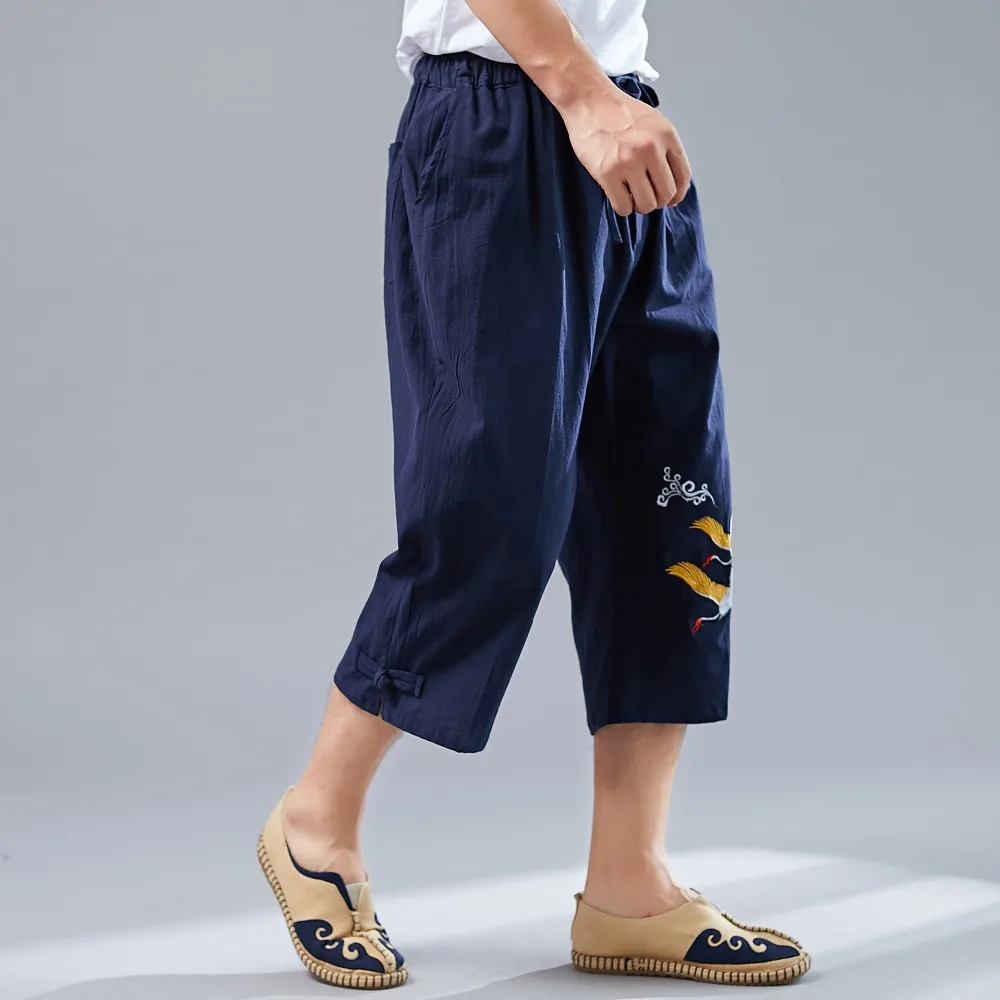 LZJN Men’s Summer 34 Pants Casual Cotton Linen Elastic Waistband Wide Leg Capri Short Bermuda Embroidery Beach Playa Hombre (12)