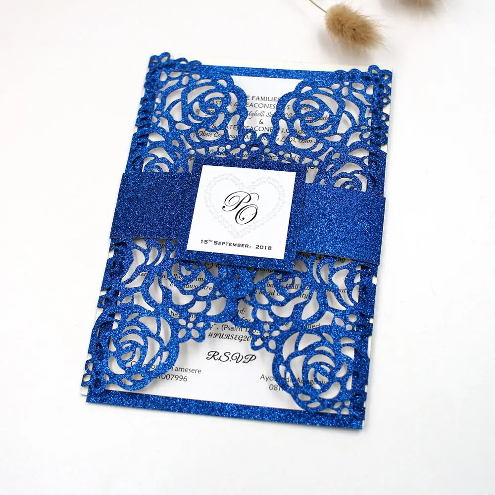  Free Shipping 100 sets Customize Gold/Silver/Blue Glitter Hollow Flower laser cut Invite wedding in - 32968426791