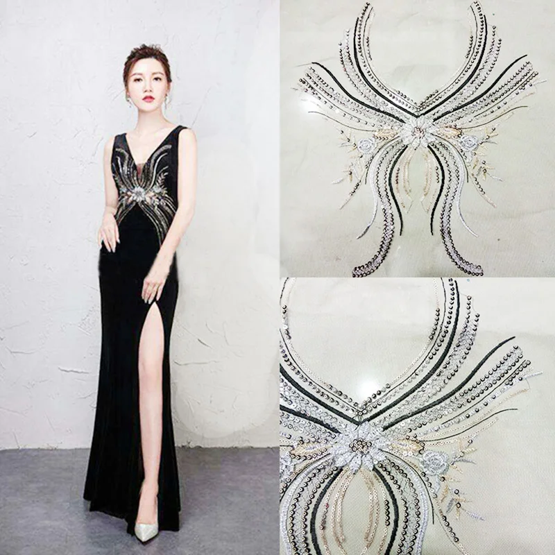 

1Pcs Beaded Rhinestones Neckline Sequin Patches Sew on Clothes Embroidery Receive Flowers Goth Patch on Clothing