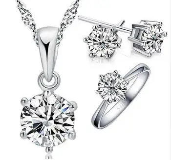 

High Quality Classic Women Female Party Wedding Jewelry Set 925 Sterling Silver Necklace Earrings Ring Set Wholesale
