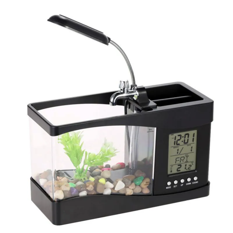 

USB Mini Aquarium Fish Tank Aquarium with LED Lamp Light LCD Display Screen and Clock Fish Tank Aquarium Fish Tanks 2018
