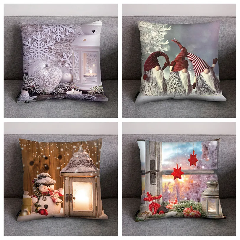 TENSKE 4Pcs/set Christmas Print Cushion Cover 45cm*45cm Polyester Festive Pillowcase For Office Home Bed Sofa Seat Case 8S20