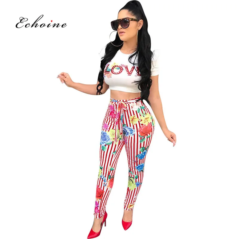 

Echoine Women Two Piece Set Floral Print Sash Lace Up Casual Tops Letter T-Shirts Short Sleeve Striped Long Pencil Pants Clothes