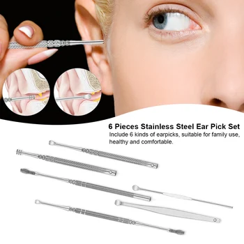 

6pcs Stainless Steel Ear Pick Set Curette Ear Wax Remover Spiral Spring Earpick Ear Cleaner Health Care Tools of Handle Design
