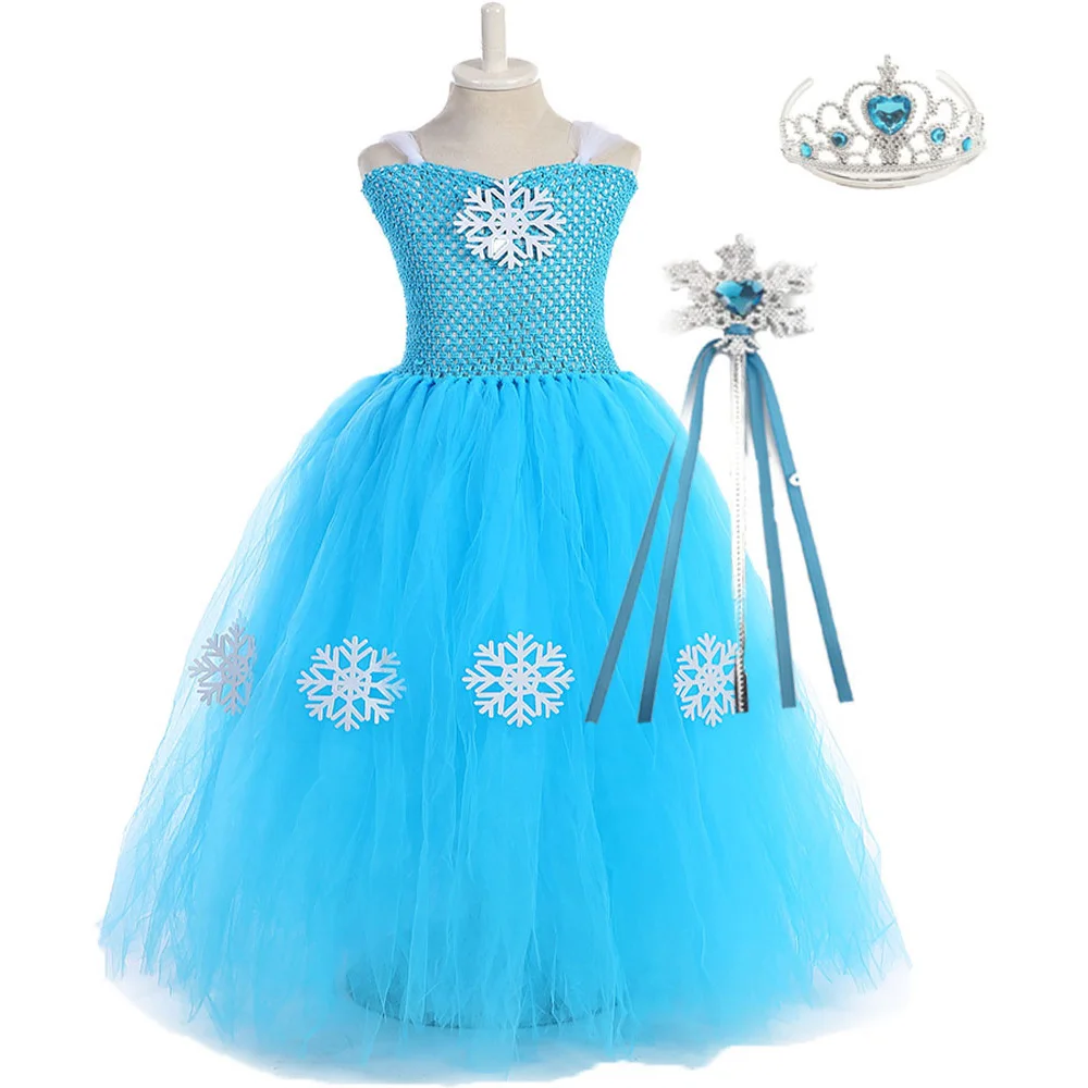 Голубое платье Снежной Королевы Эльзы для девочек Карнавальный костюм принцессы для детей, рождественское платье для девочек детское праздничное платье пачка со снежинками