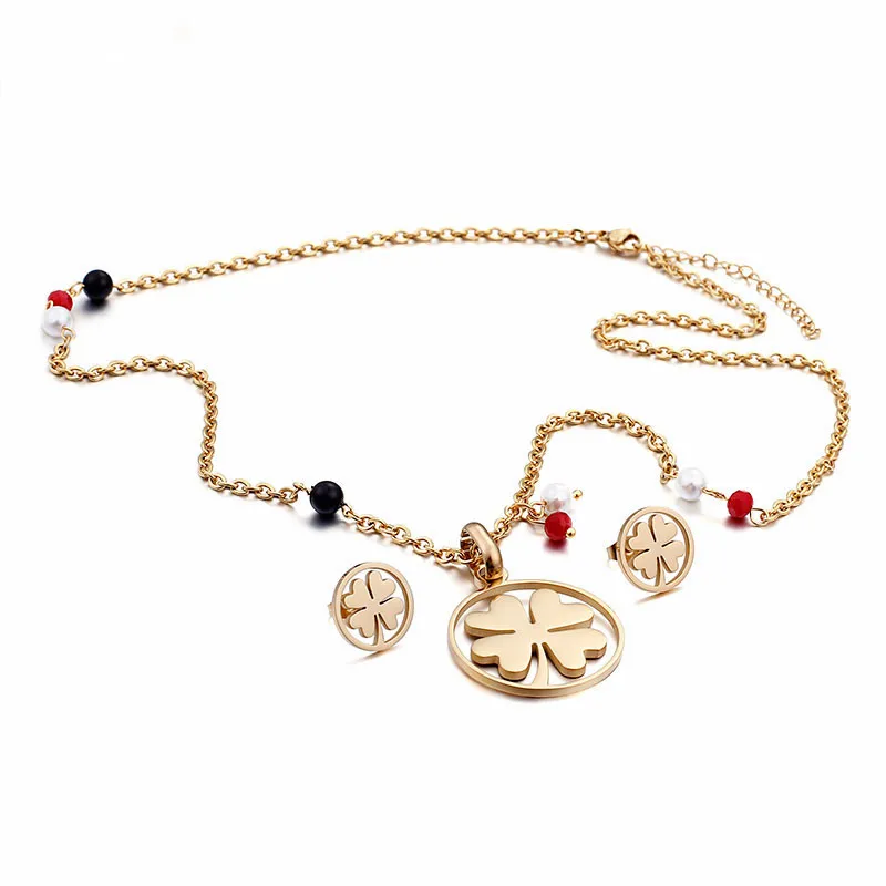 

Hot Sale Four Leaf Clover Lucky Pendant Necklace+Earrings Set Women Accessories For Jewelry Gift, High Quality