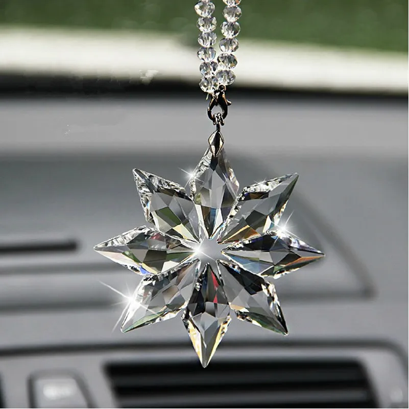 

Snowflake Clear Crystals Car Pendant Transparent Crystal Large Christmas snowflake Charms Hanging Ornaments Car Interior Decor