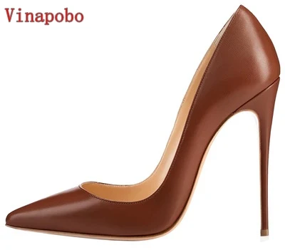 Vinapobo/Новинка; коричневые матовые туфли на высоком каблуке; женские низкие Туфли-лодочки на высоком каблуке 12 см с острым носком; кожаные тонкие женские свадебные туфли - Цвет: 12cm