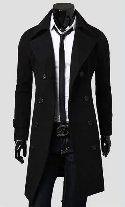 Мужской Тренч модный дизайнерский мужское длинное пальто осень зима двубортный Ветрозащитный тонкий Тренч мужской плюс размер - Цвет: Black