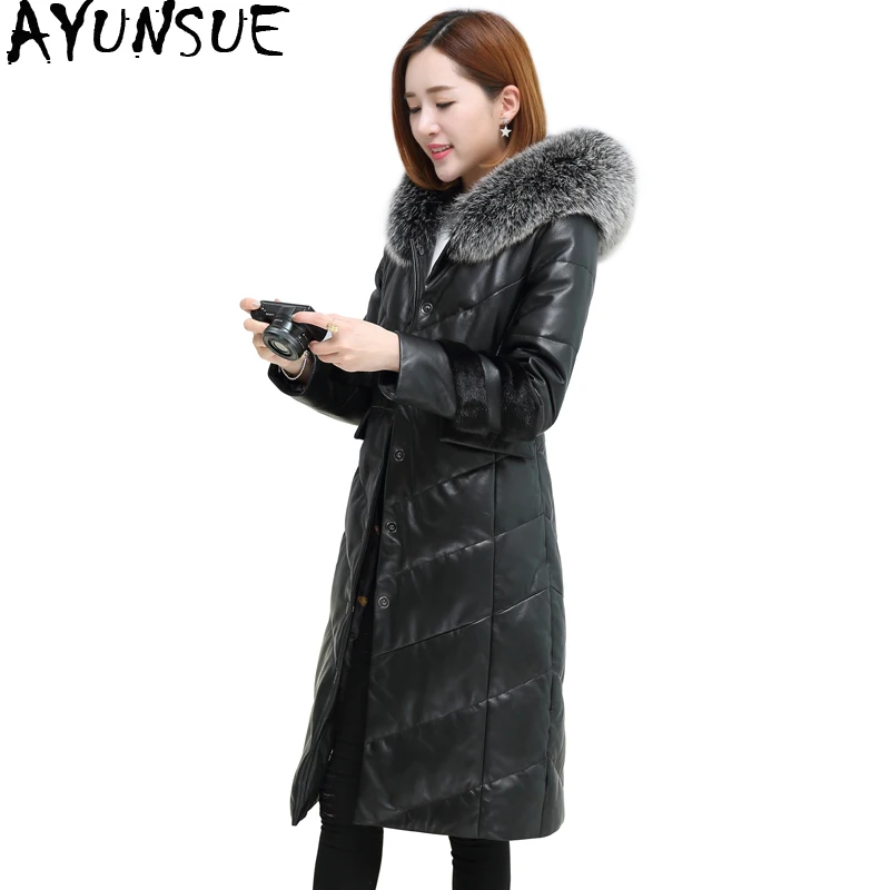 

AYUNSUE Genuine Leather Jacket Women 2019 Natural Sheepskin Coat Long Winter Down Coats Real Fox Fur Hooded Plus Size 6XL 1661-2