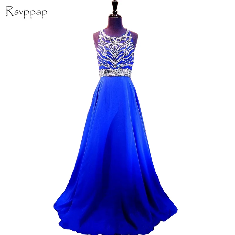 

New Arrival Long Evening Dress 2020 Scalloped Beaded Crystals Floor Length Chiffon Royal Blue Women Formal Evening Gowns