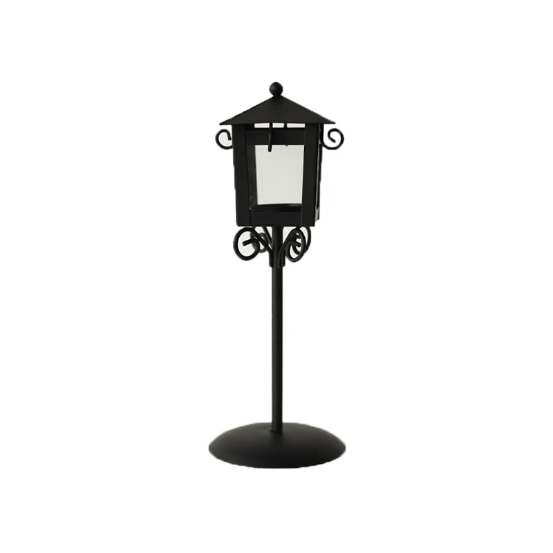Европейский кованый павильон, ресторан, ветряная лампа, маленькая уличная лампа, креативное украшение для дома, стеклянный подсвечник - Цвет: Черный
