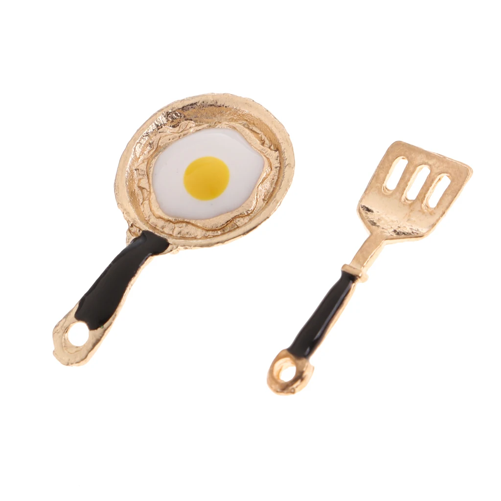 2 Pieces Miniature Frying Egg Pan Fork Set for 1/12 Dolls House Kitchen Cookware Accessories Kids Kitchen Play Toy Black