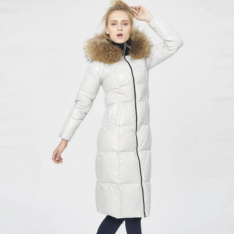Высокое качество большой натуральный мех енота зимняя куртка женская теплая толстая белая утка вниз парка модная женская куртка