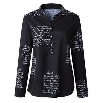 

Women Fashion Casual Printed Letter V-neck Button Spring Summer Long Sleeves loose Blouse Shirt Top Plus Size
