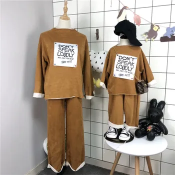 

2018 Family Matching T Shirts + Wide Leg Pants Women Children Sporting Suits 100% Suede Mother and Daughter Son Clothes Sets