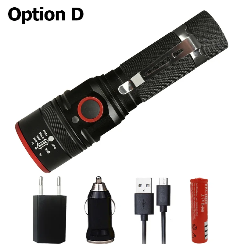 Option D Litwod Z201511 3000лм USB Перезаряжаемый Фонарик XML-T6 светодиодный фонарик масштабируемый 4 режима фонарь для 18650 с usb-кабелем для кемпинга - Испускаемый цвет: Option D