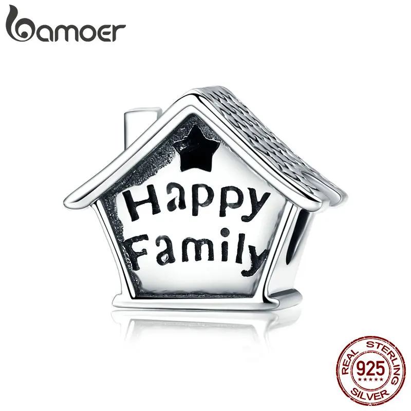 

BAMOER 100% 925 Sterling Silver Happy Family House Clock Shape Charm Beads fit Charm Bracelets Necklaces DIY Jewelry SCC758