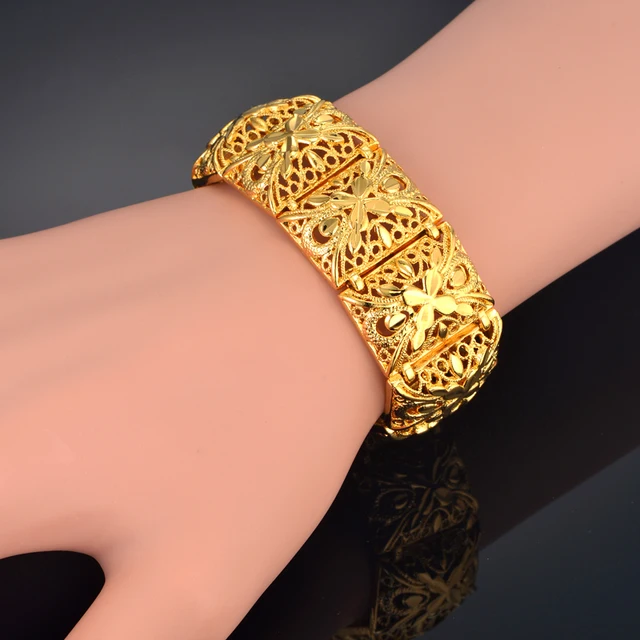 Wide Bracelet 22mm Gold Color Chain Link Chunky Bracelets Bangles Wide Bracelet 22mm Gold Color Chain Link Chunky Bracelets Bangles For Women Vintage Jewelry Flower