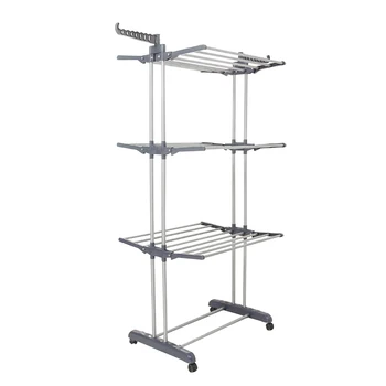 

OUNONA Folding Drying Dryer Rack Hangers 3 Tiers Clothes Laundry with Wheels Cloth Shoes Hanger