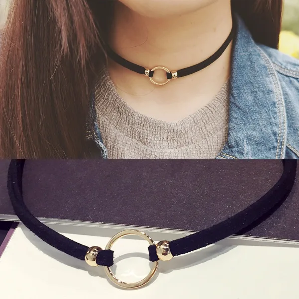 New Fashion Suede Velvet Choker Necklace Black Cord Gold Plated Round Circle Connector Punck Style Gift For Girl Women