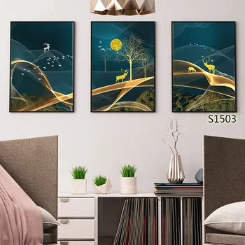 

Golden Elk Mount Tree Sky Goose Linear Logical Night Mystery Tranquil Home Art Decor Canvas Wall Painting Clear HD