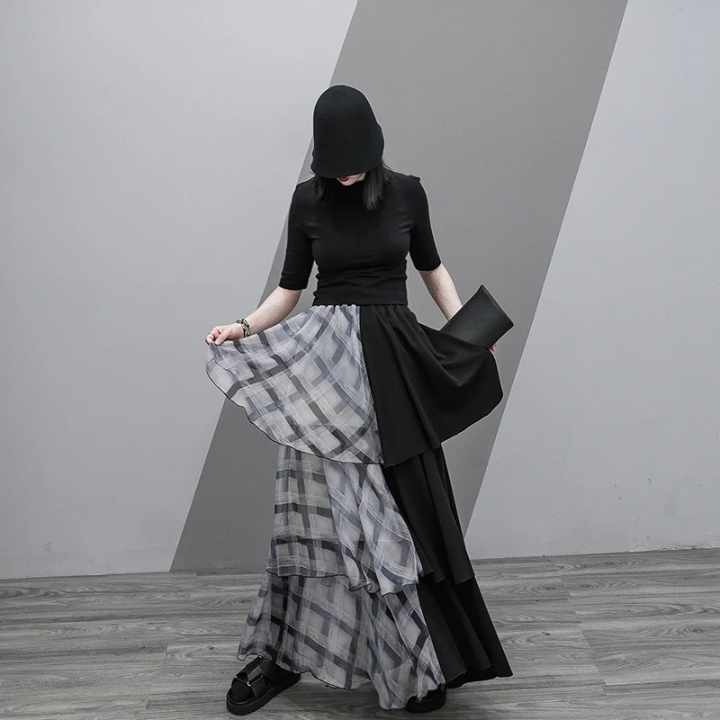 

[EWQ] 2019 Spring Summer New Pattern Casual Style Chiffon Fabric Plaid Splice Lace Long Length Natural Waist skirt AF445