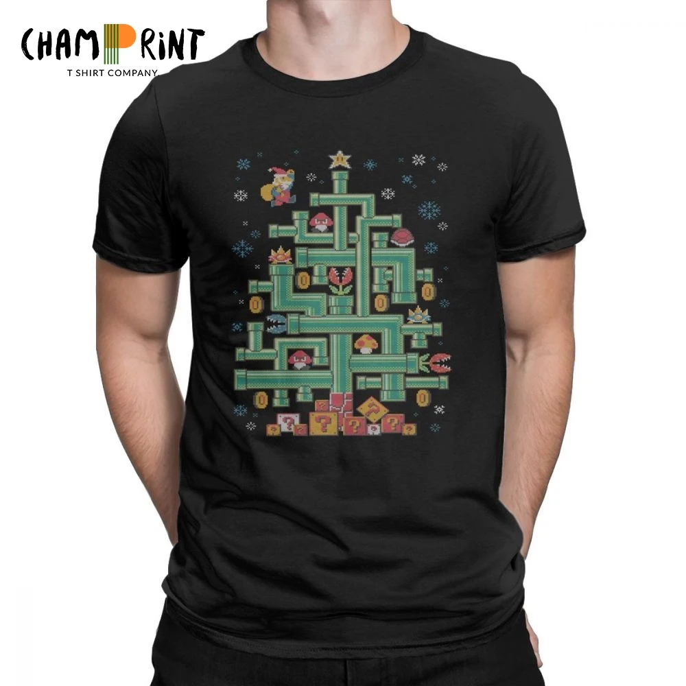

It's A Ugly Christmas Tree Mario Casual T-Shirt for Men Pure Cotton T Shirts Super Mario Short Sleeve Tees Big Size Clothes