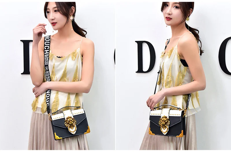 Fashion Women Handbag Lion Head Lock Small Square Pack Crossbody Shoulder Feamle Tote Bags Ladies Casual Rivet Wallet SS0419 (4)